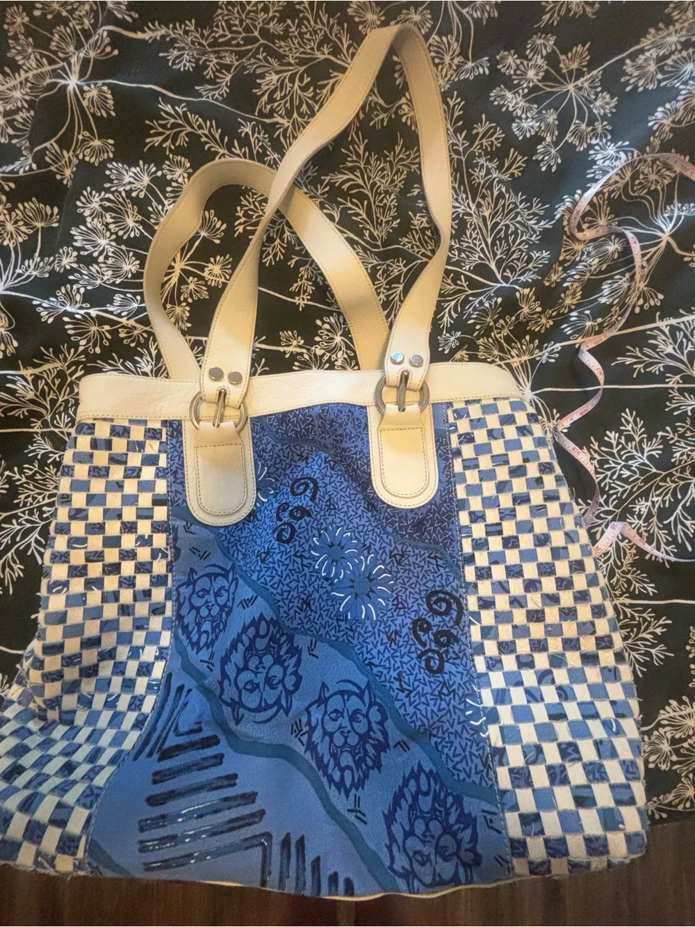 Versus By Versace Blue Patterned Shoulder Tote with Cream Straps